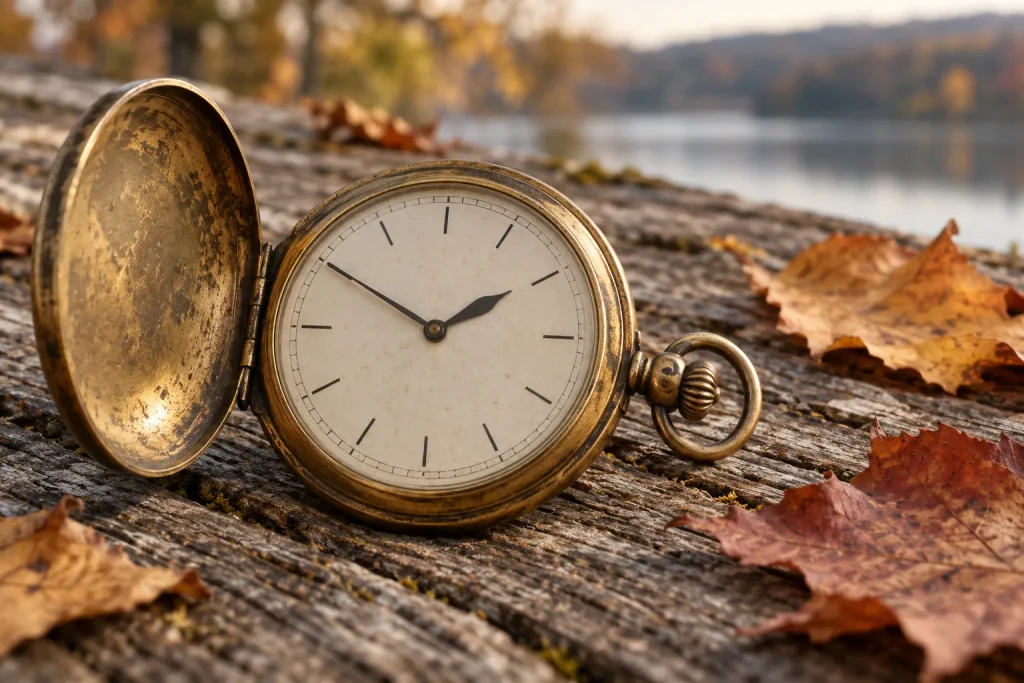 An antique pocket watch showing ten minutes to two.