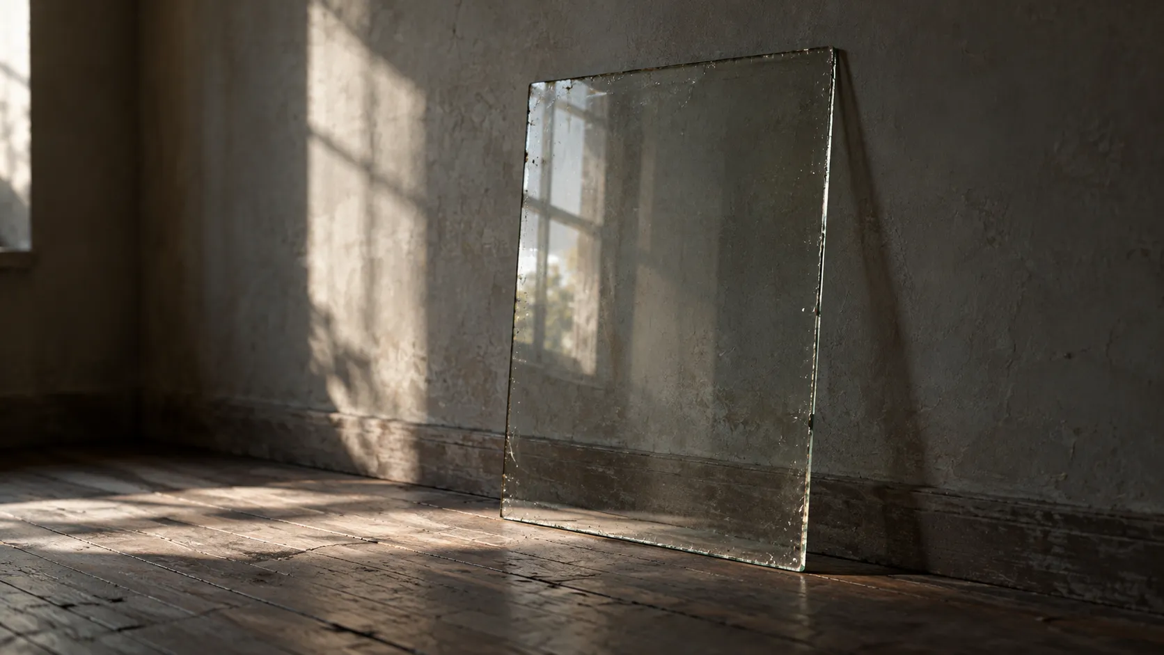 A tall pane of old glass standing in a dim room, lit by soft afternoon light.