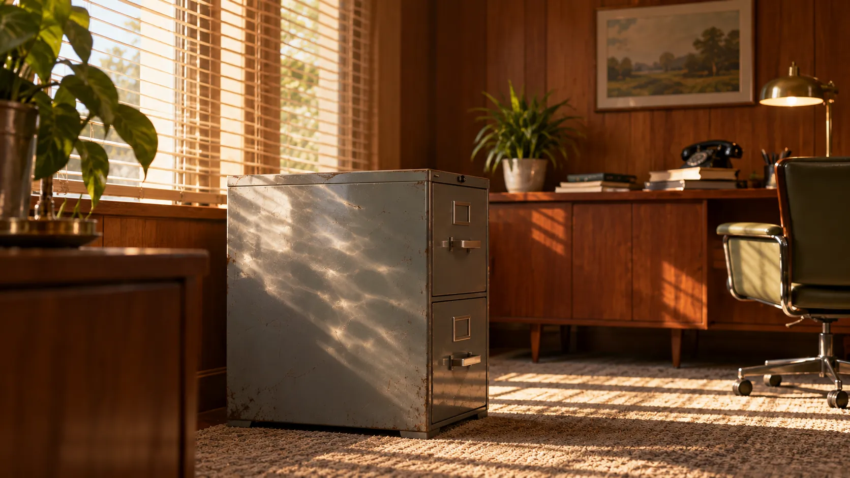 The shiny side of a vintage metal filing cabinet, catching reflections that look faintly like rippling water.