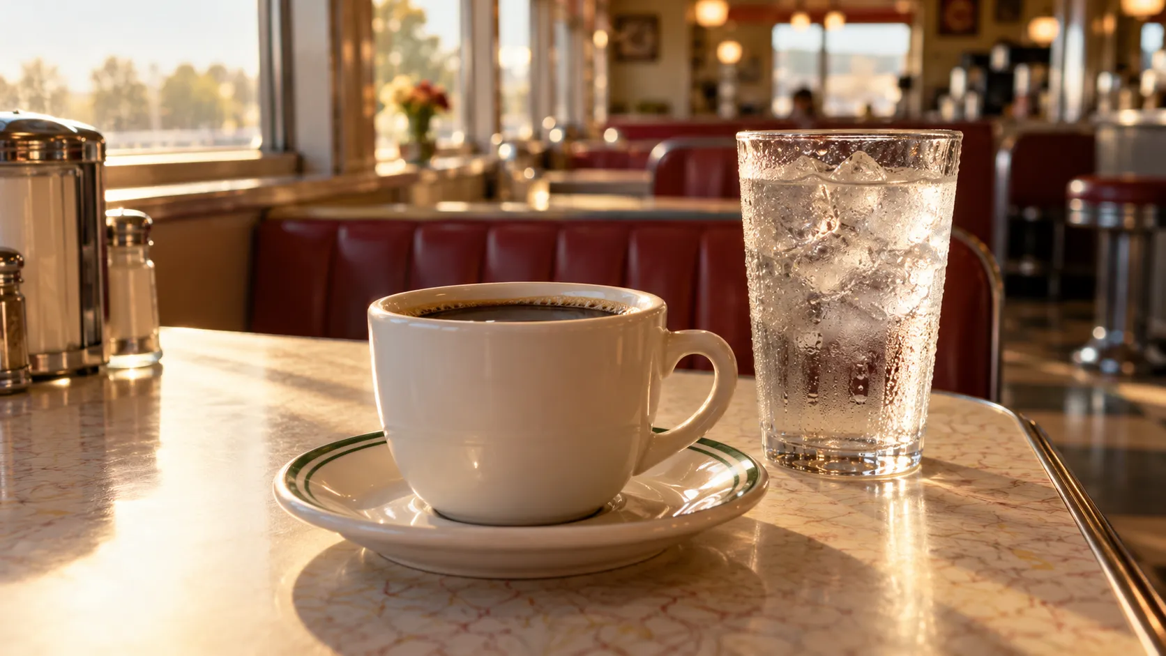 A white coffee cup on a slightly off-centre saucer beside a full glass of water on a diner table.